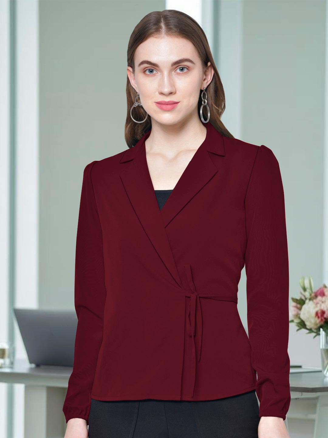 Martini Women Solid Lapel Collar Puff Sleeves Wrap Top