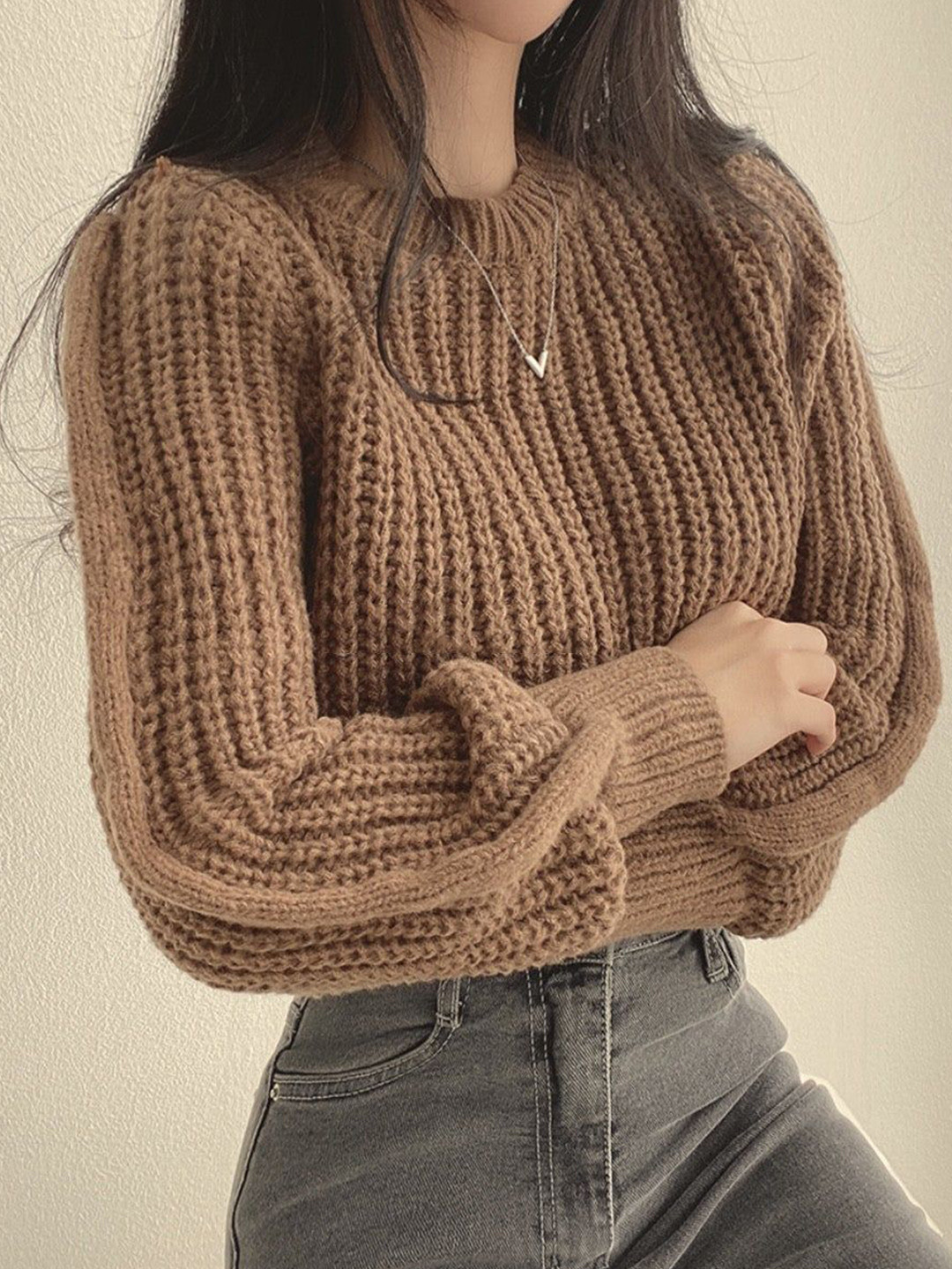 Outzidr Women Puff Sleeve High Neck Plain Chunky Sweater