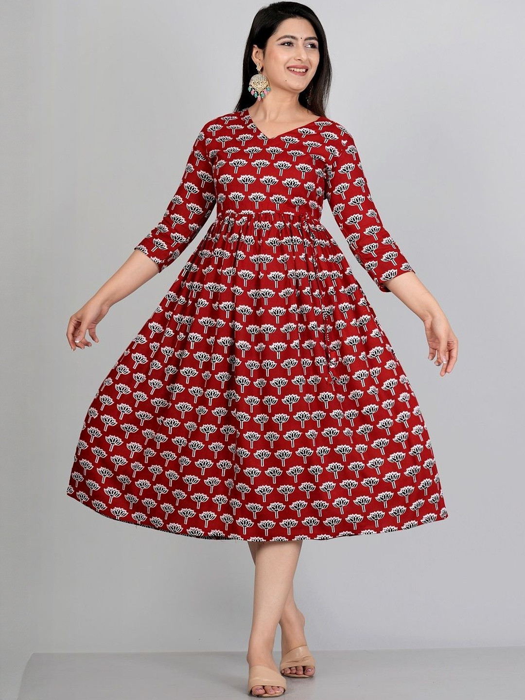 GOBYA Floral Printed V-Neck Midi Ethnic Dress