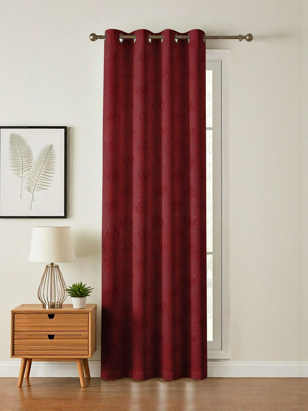 GEET CREATIONS Maroon Floral Textured Room Darkening Fade Resistant Long Door Curtain