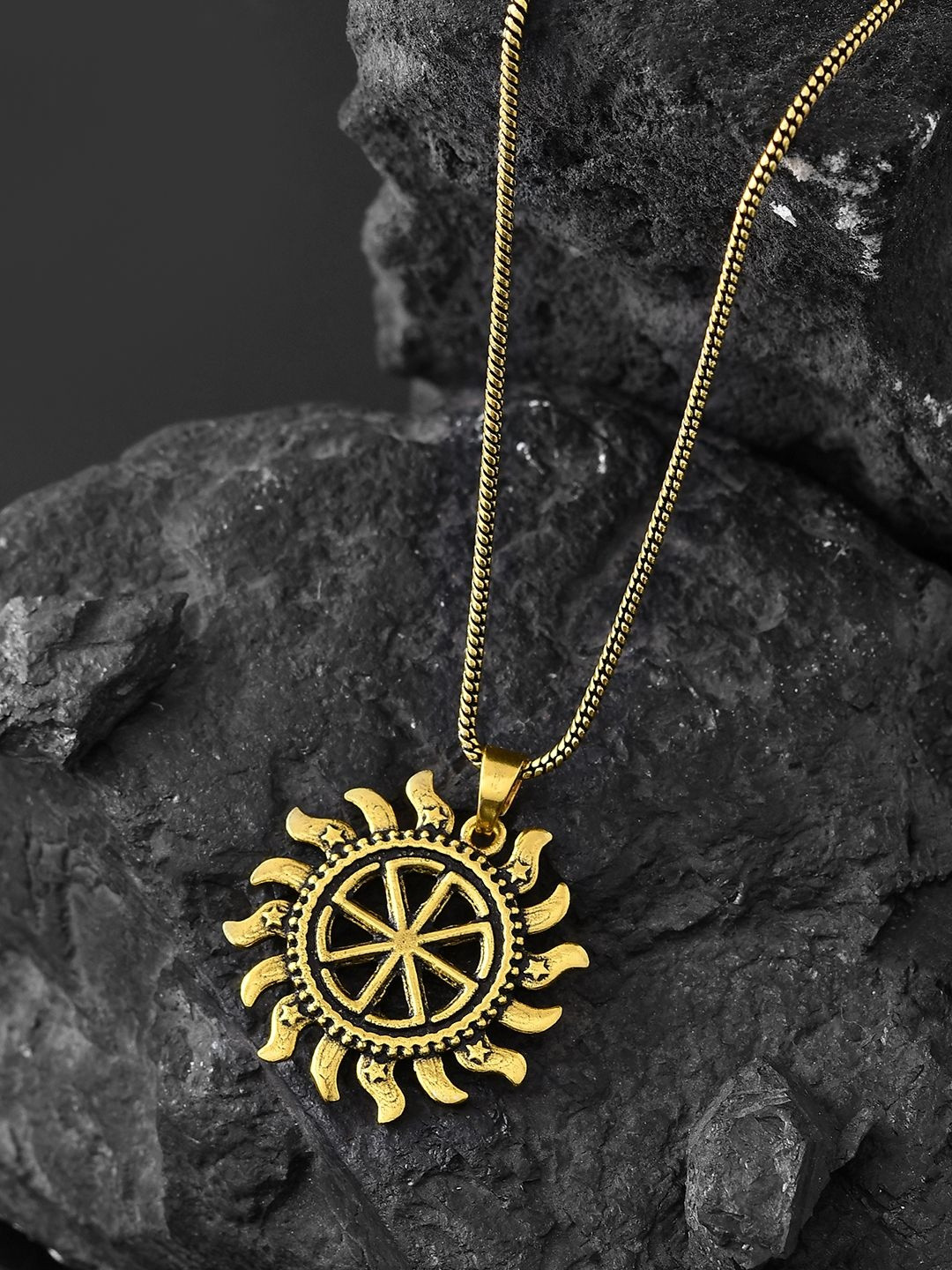 Voylla Men Gold-Plated Statement Solar Wheel Oxidised Pendant With Chain