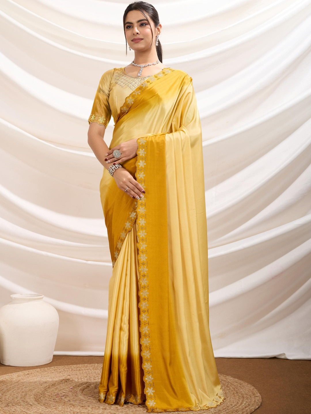 Smart Stree Women Ombre Embellished Beads and Stones Saree with a Blouse Piece