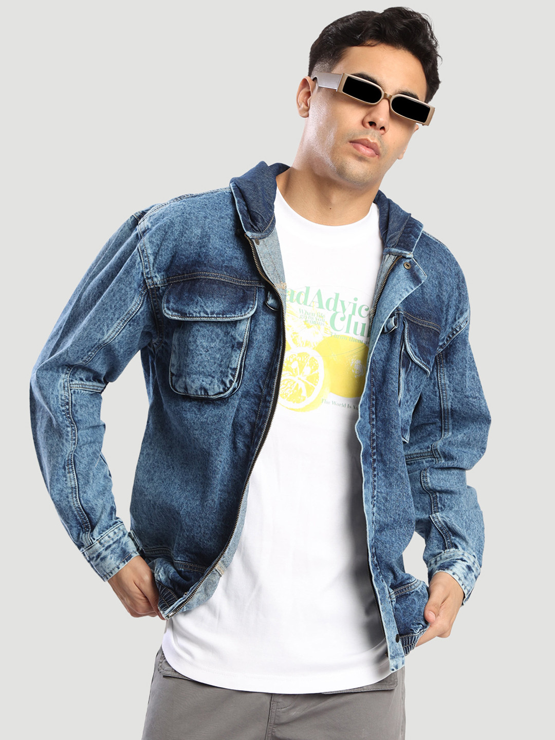 Bene Kleed Men Blue Hooded Washed Oversize Solid Pure Cotton Denim Jacket