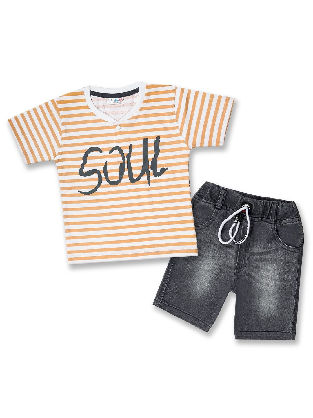 Joy Boys Orange Cotton Striped T-Shirt & Denim Shorts