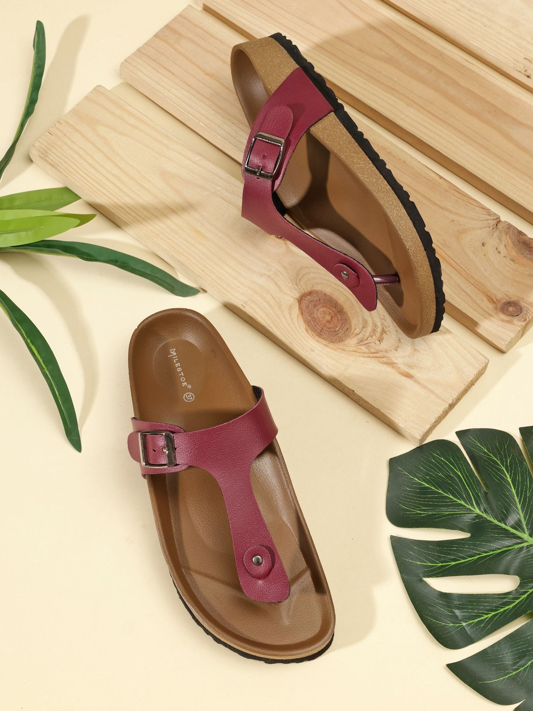 MILESTOE Women Open Toe T-Strap Flats With Buckles