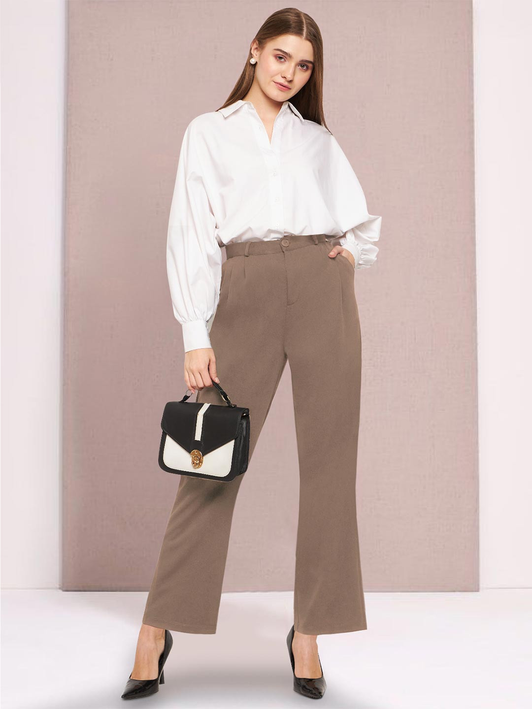 Martini Women Relaxed Straight Leg Straight Fit High-Rise Wrinkle Free Pleated Trousers