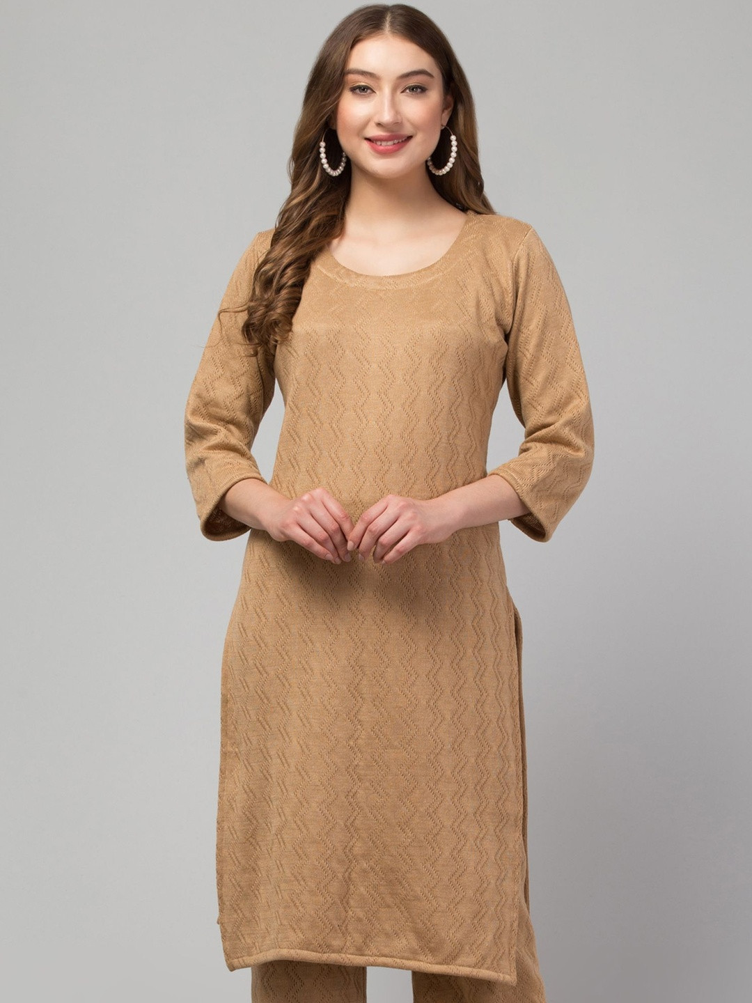 CROWN KING Women Round Neck Woollen Straight Kurti
