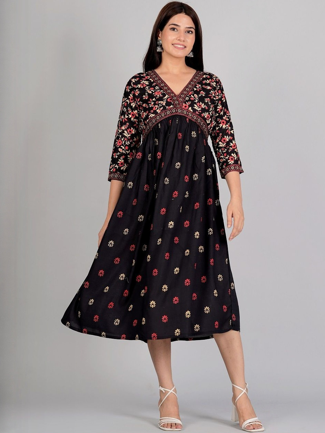 GOBYA Women Printed V-Neck Empire Ethnic Dress