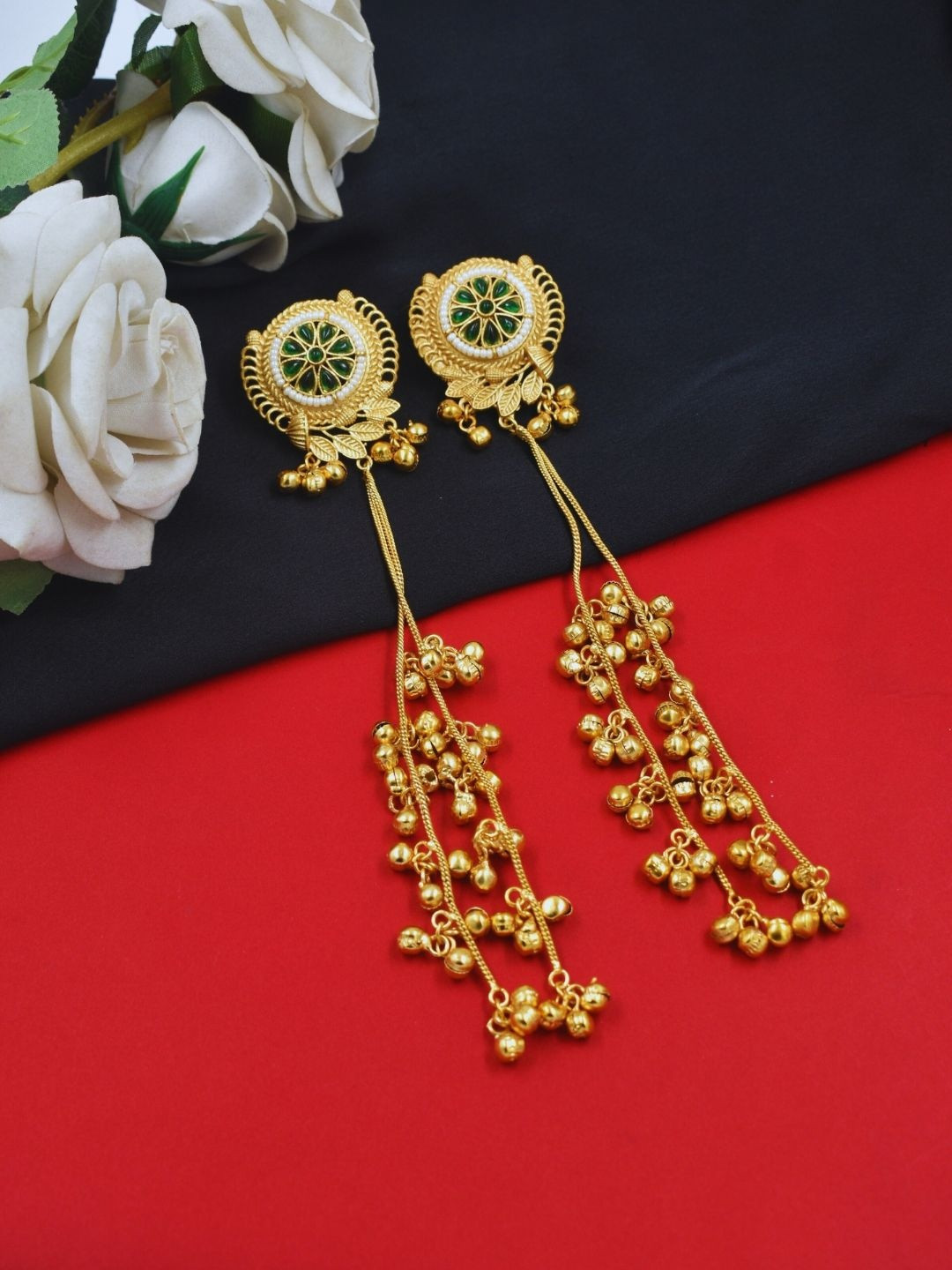 J & C Fashion Arena Gold-Plated Stones Studded & Pearls Beaded Circular Drop Earrings