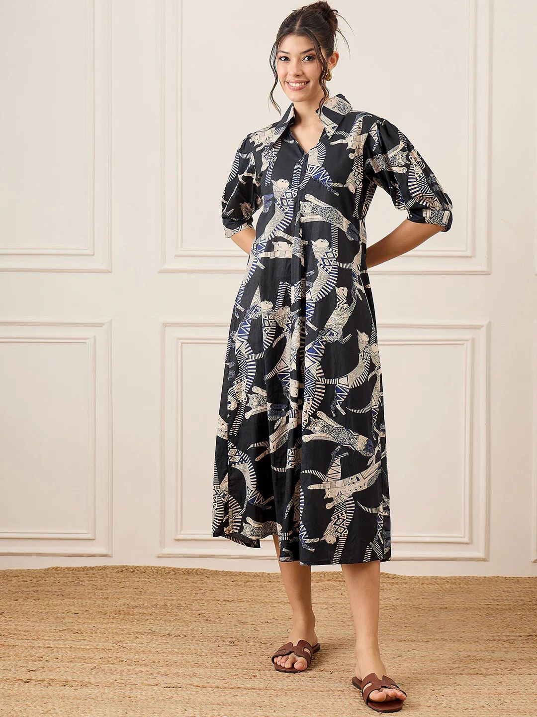 De La Moda Women Cat Printed Shirt Collar Puff Sleeve A-Line Midi Dress