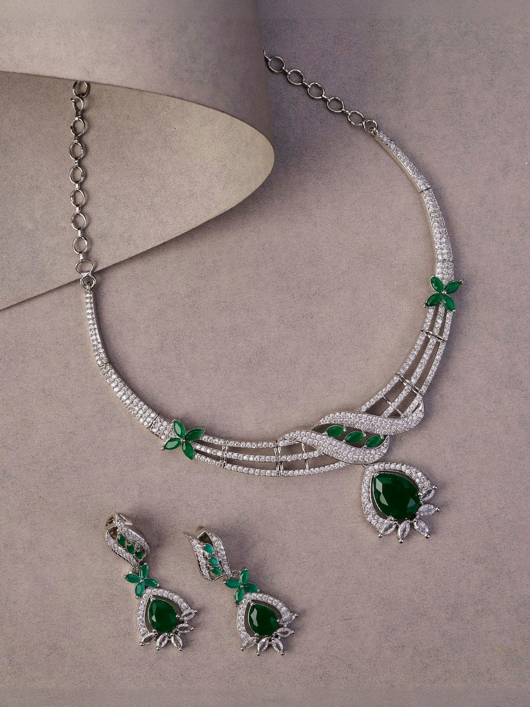 Opal Touch Women Emerald Elegance Floral Rhodium Plated Necklace Set
