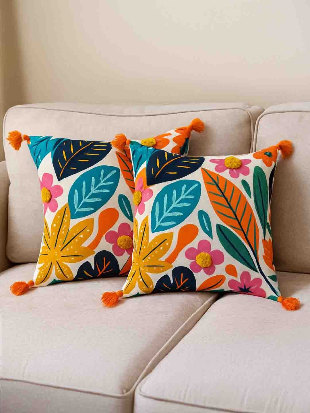 Myntra Elegant Homes Set of 2 Floral Print & Embroidery with Tassel Cushion Cover