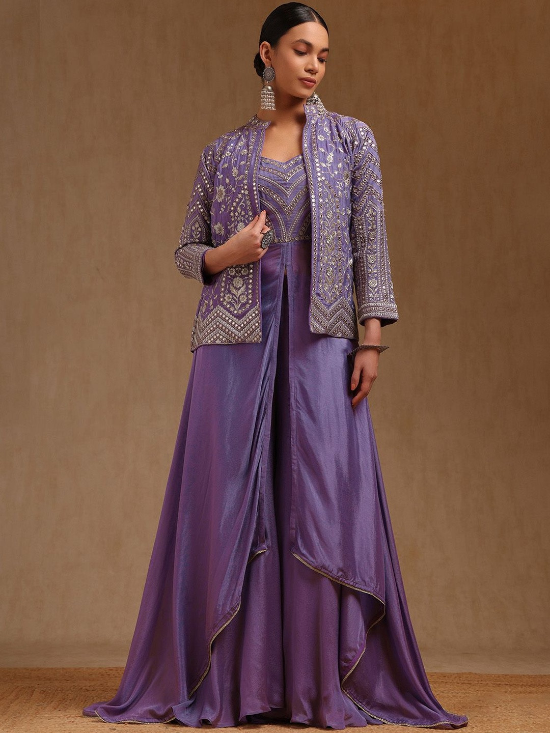 Soch Women Ethnic Motifs Embroidered High Slit Mirror Work Kurta with Trousers & Jacket