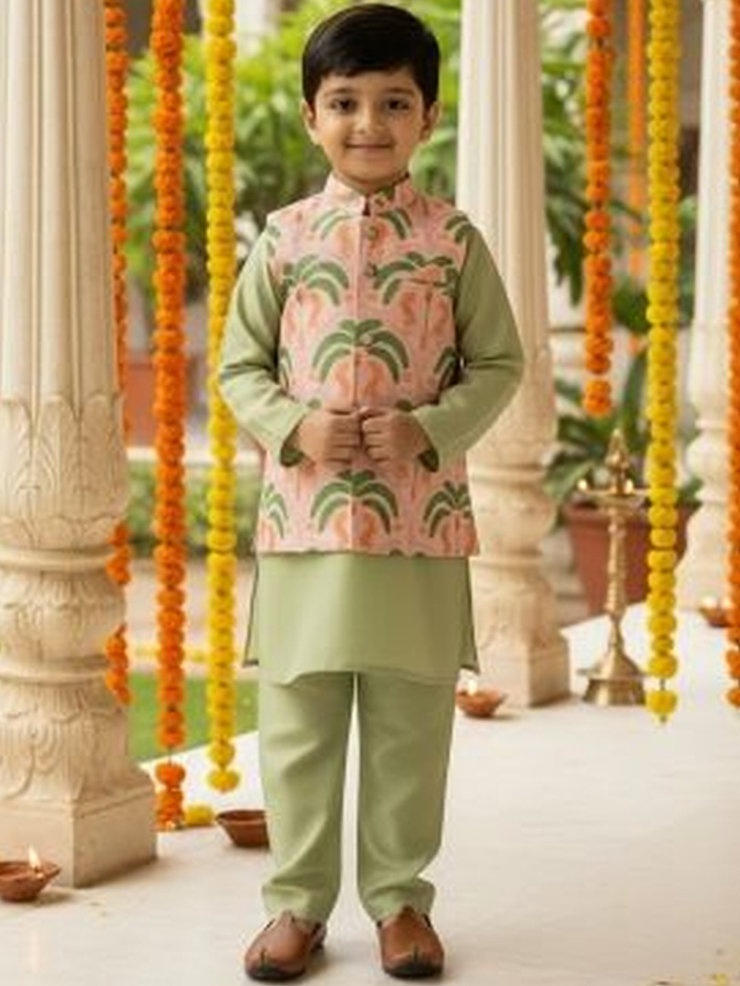 CORD OF LOVE Boys Mandarin Collar Kurta With Pyjamas & Nehru Jacket