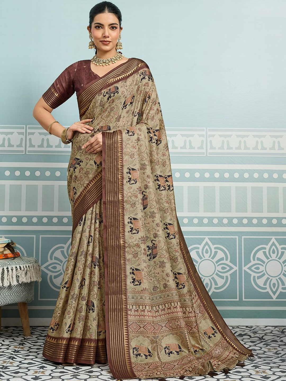 Mitera Kalamkari Printed Woven Design Border Saree With An Unstitched Blouse Piece
