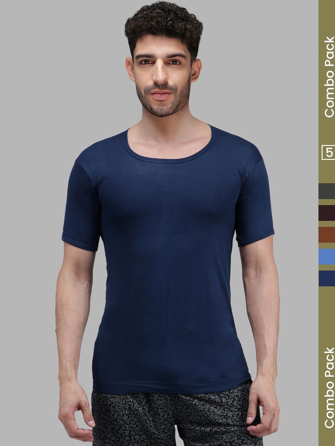 Amul Comfy Men Pack of 5 Plain Cotton Multi Colour Vest With Sleeve