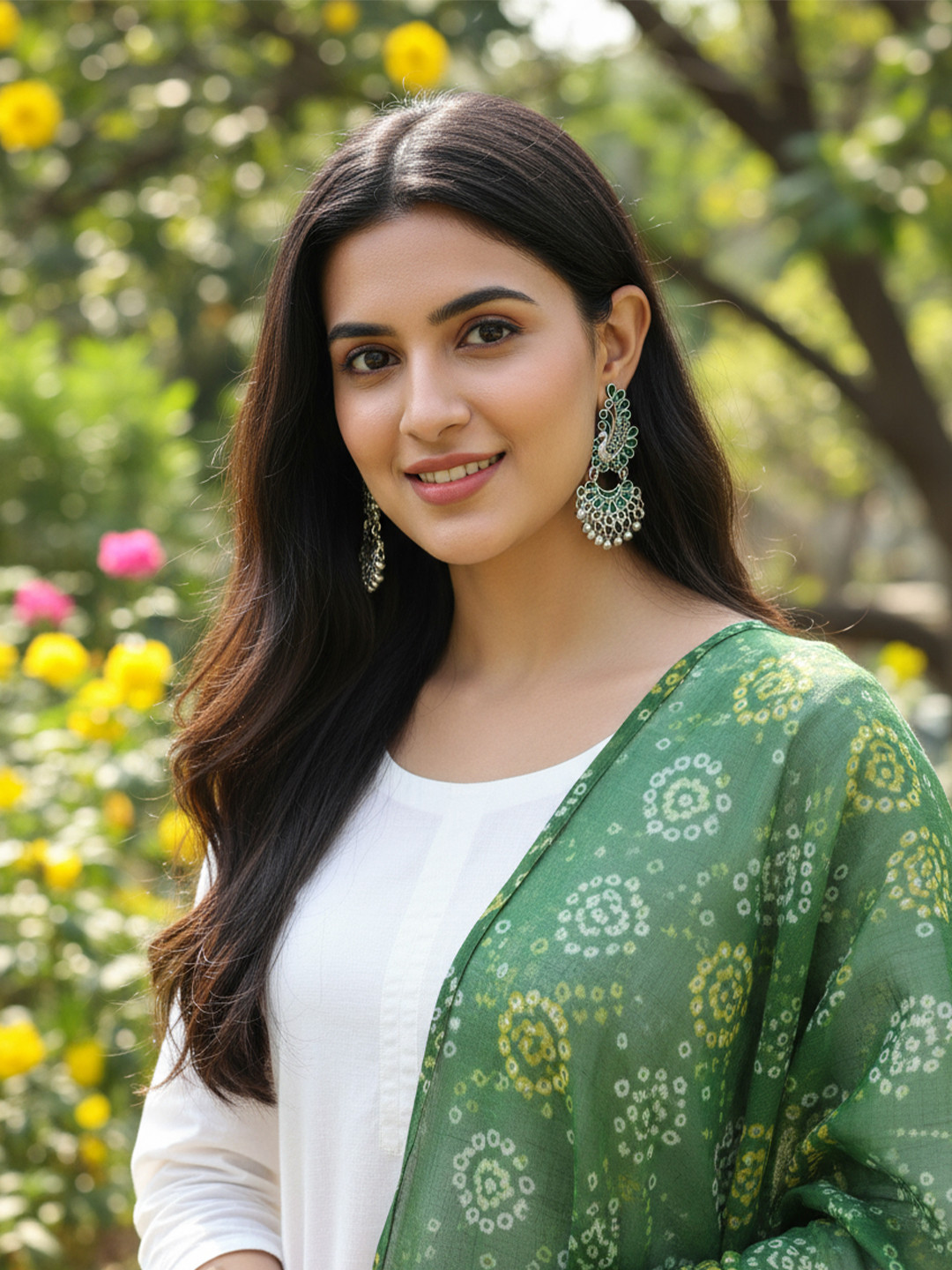 FIROZA Silver-Toned & Green Oxidised Peacock Shaped Drop Earrings