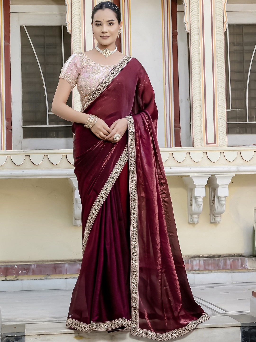Smart Stree Embellished Zari Satin Heavy Work Saree