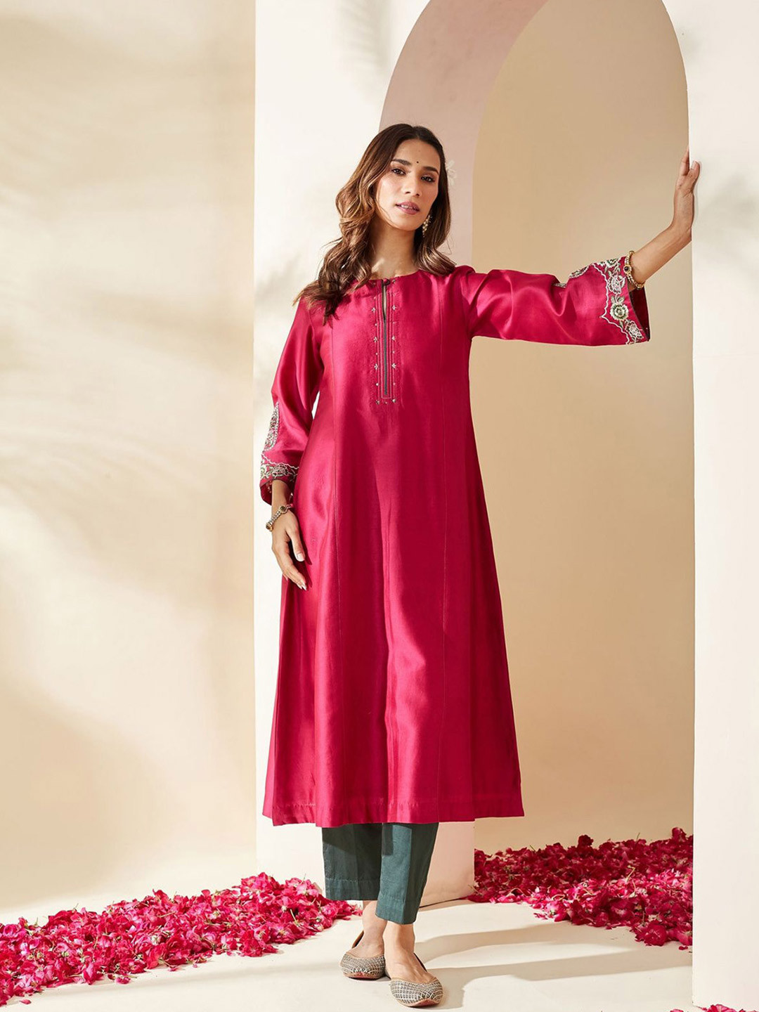 Mushio Women Solid Festive Chanderi Rashika Cotton A-Line Kurta