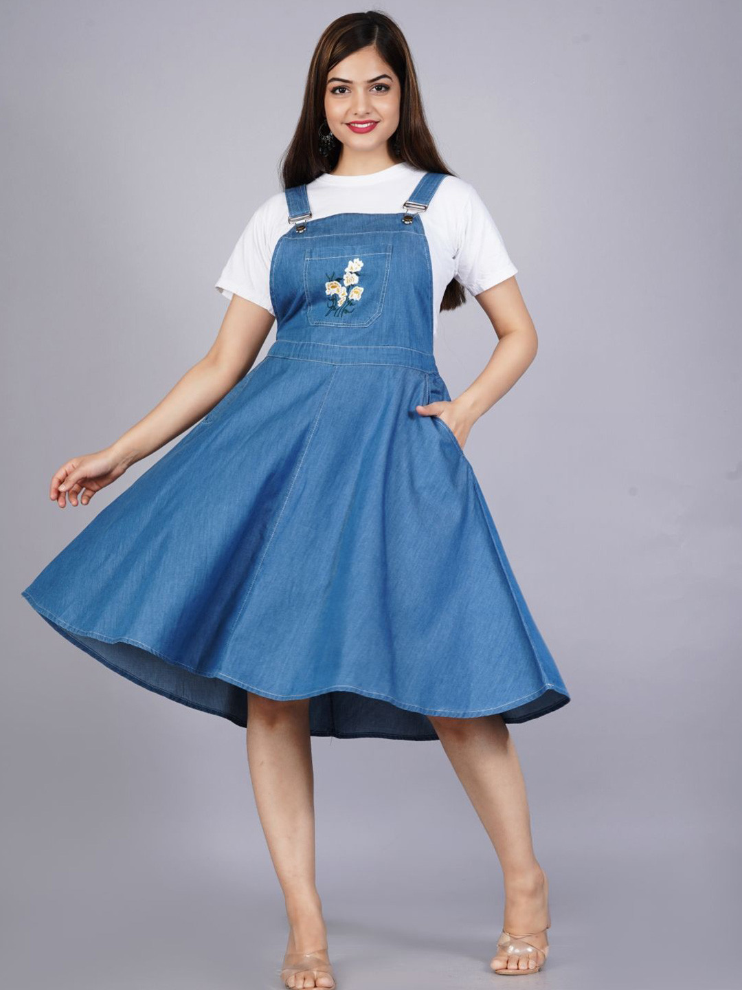 SUMAVI APPREALS Floral Embroidered Denim Pocket Pinafore Midi Dress