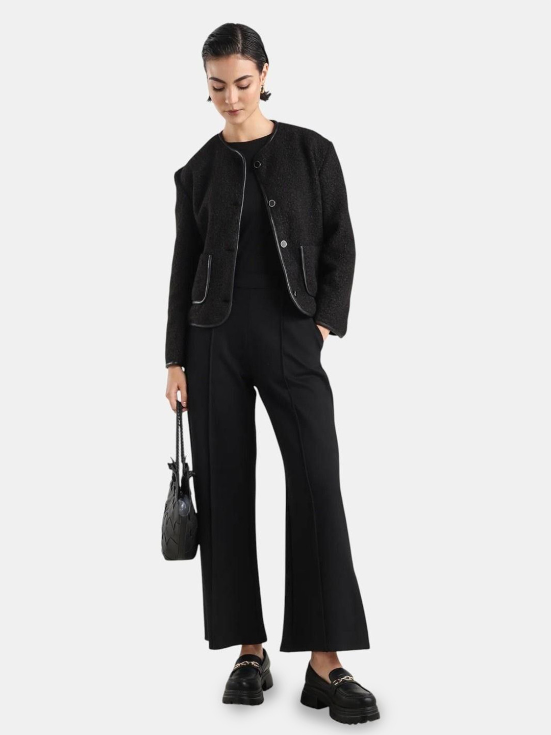 Rareism Women Nabuc Black Polyester Jacket Plain Jacket