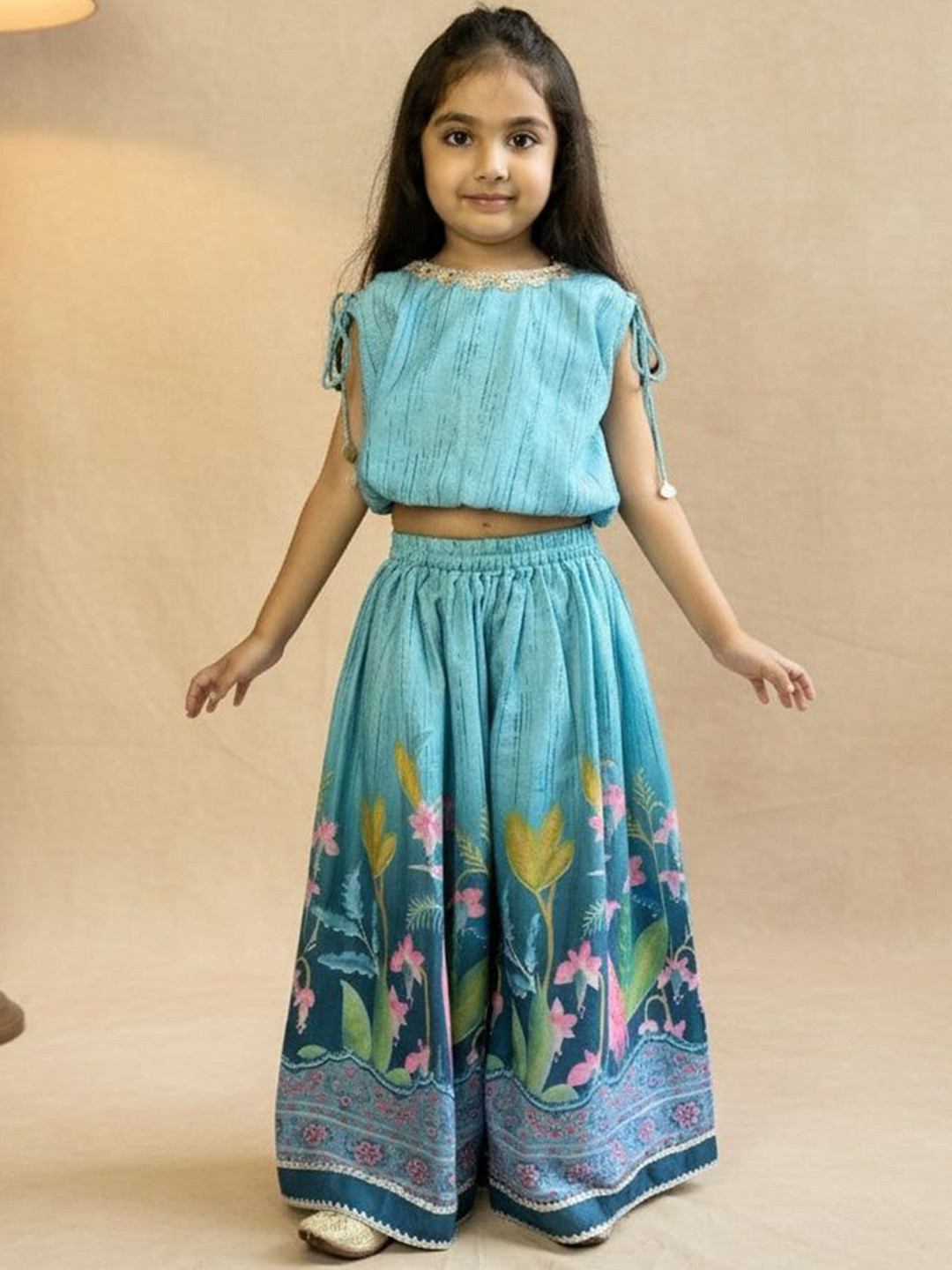 CORD OF LOVE Girls Printed Round Neck Pure CottonTop With Skirt