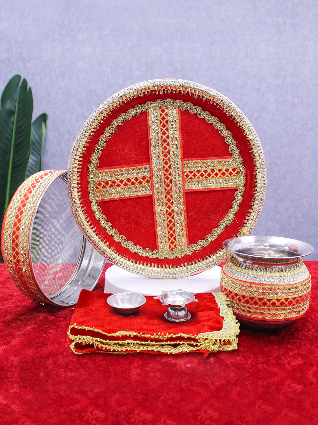 TIED RIBBONS Red & Gold Toned 3 Pieces Karwa Chauth Pooja Thali Set