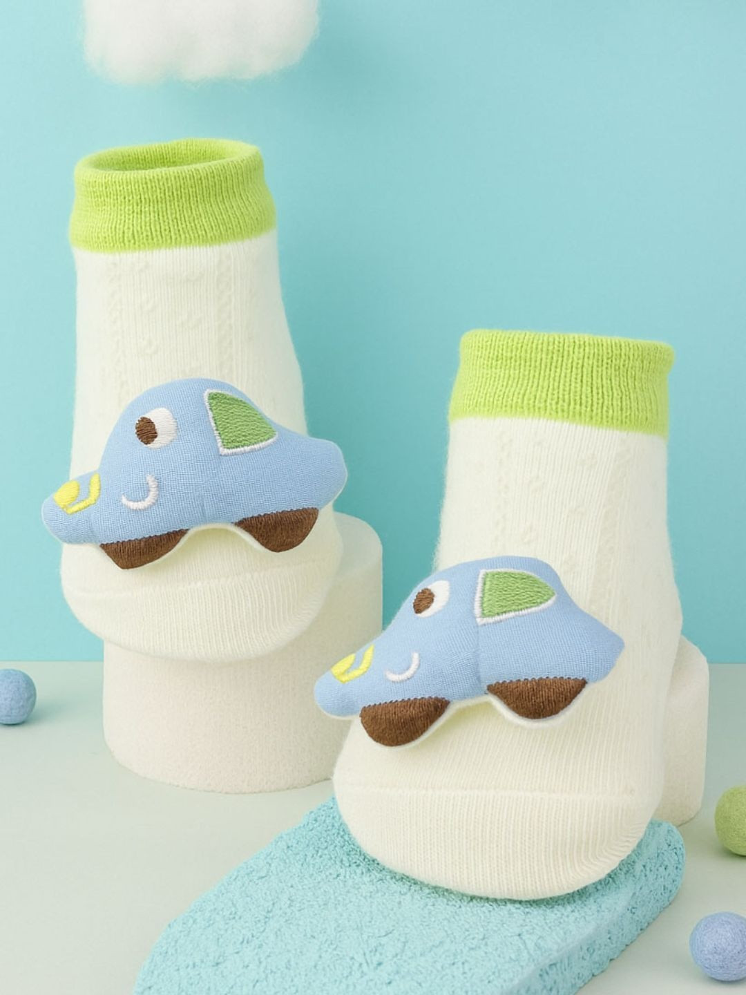 Yellow Bee Infant Boys Car Doll Head-Patterned Cotton Ankle-Length Socks