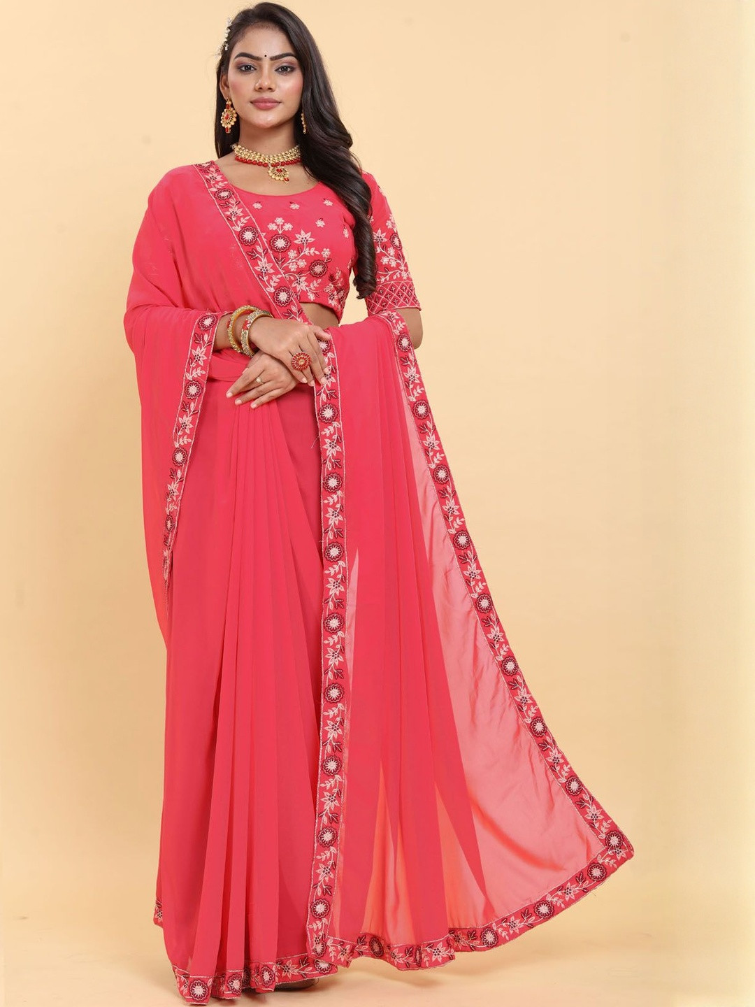 PATLANI STYLE Floral Embroidered Border Saree with Unstitched Blouse Piece