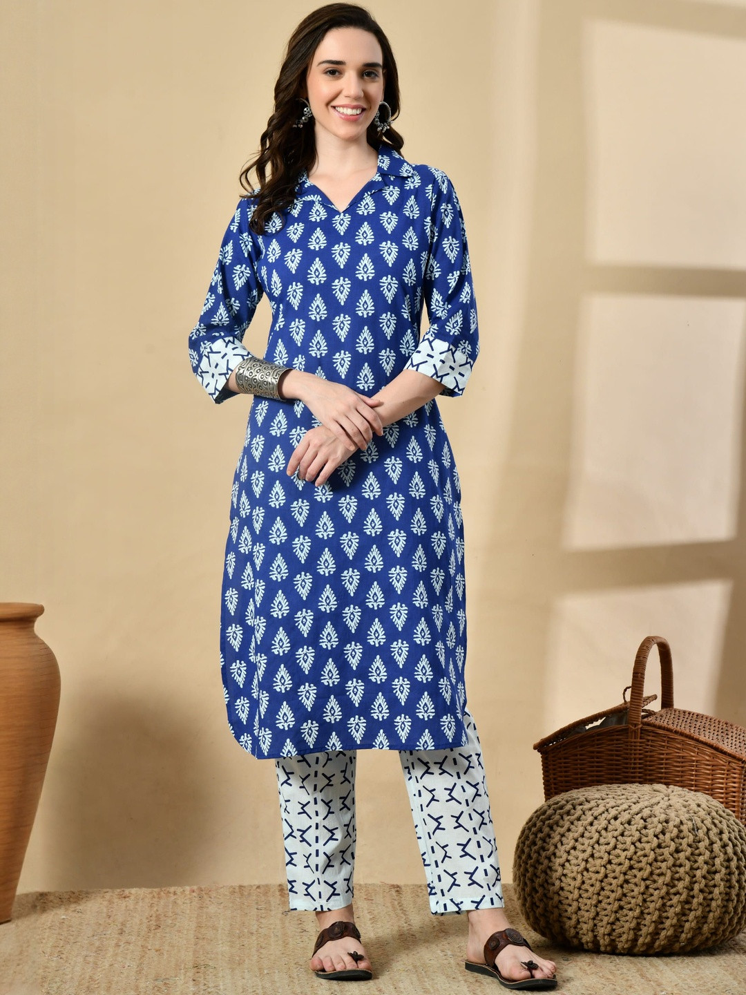 ZHOF Women Ethnic Motifs Printed Regular Pure Cotton Kurta with Trousers