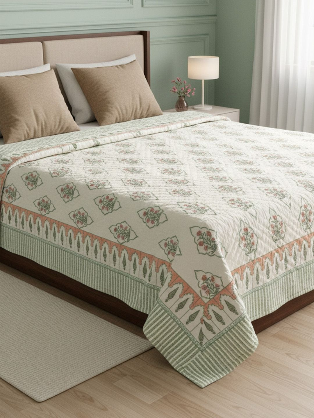 Baarno White & Green Floral Printed Cotton Mild Winter 400 GSM Double King Quilt