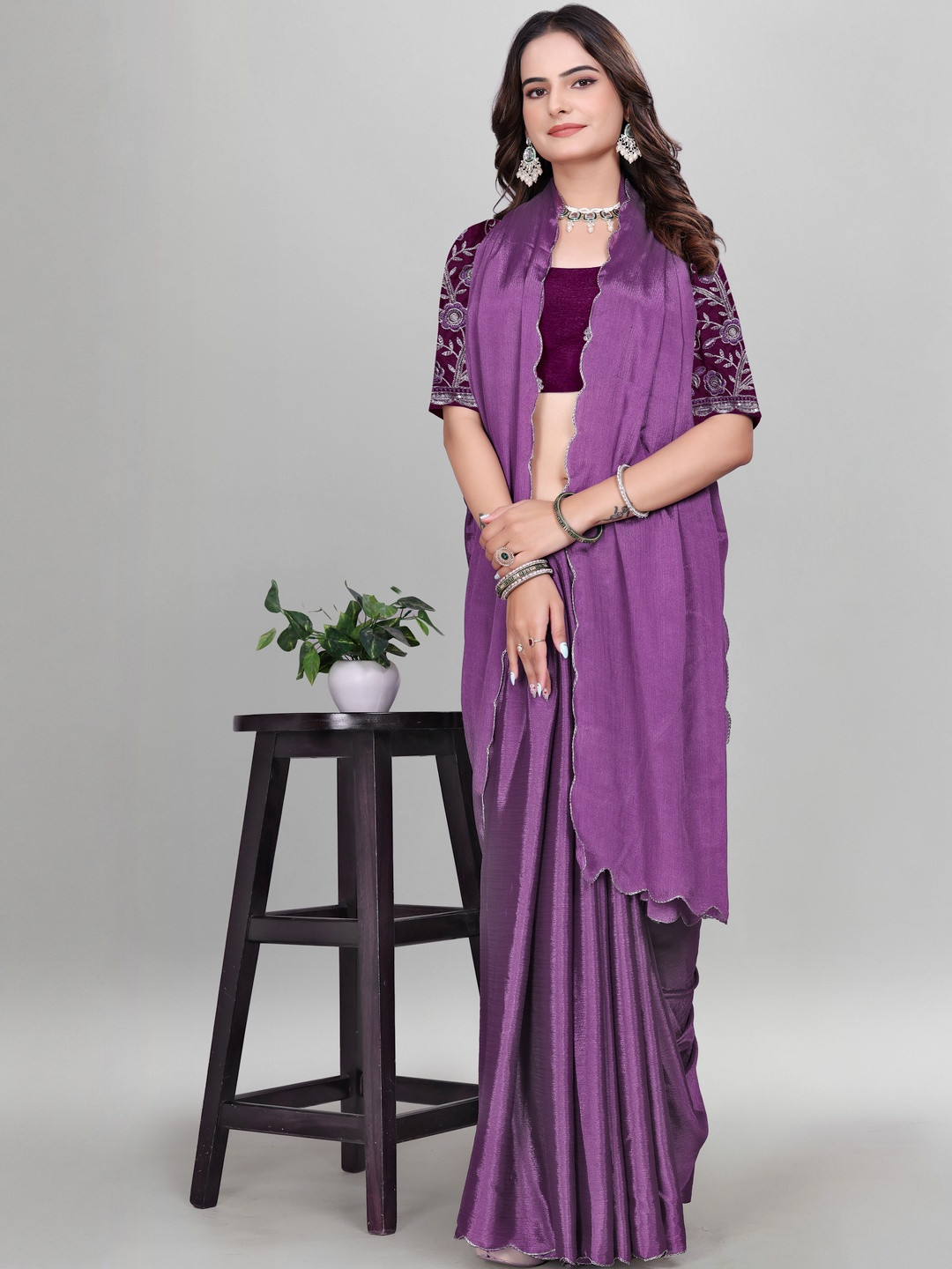 Zenophily Embellished Embroidered Pure Chiffon Saree with Embroidered Blouse
