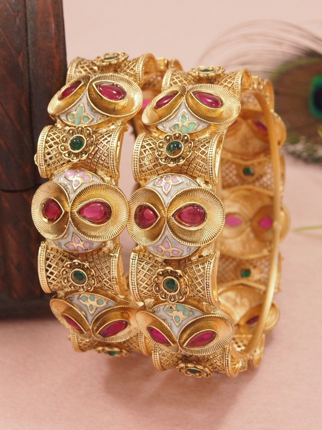 Anouk Set of 2 Gold Plated Stone & Meenakari Work Bangles for Women