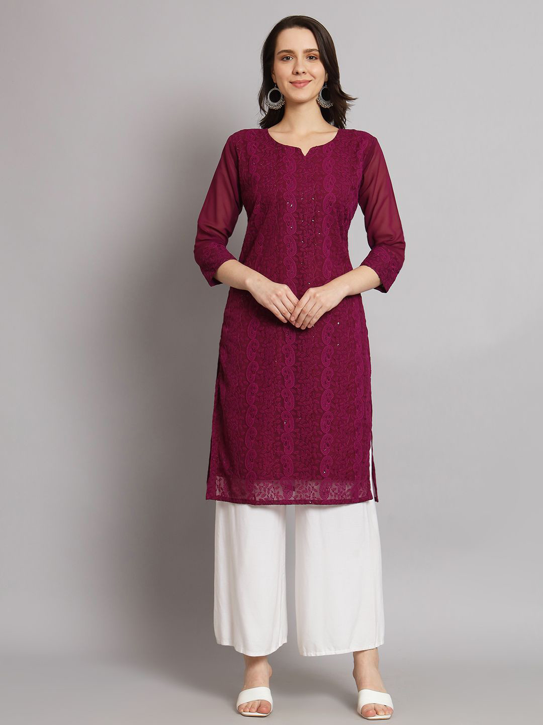 Felopie Women Paisley Embroidered Chikankari Georgette Kurta
