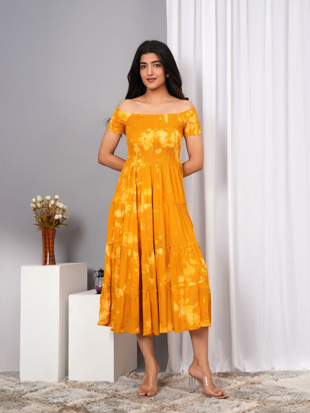 IQRAAR Tie and Dye Dyed Smocked Detail Off-Shoulder Fit & Flare Midi Dress
