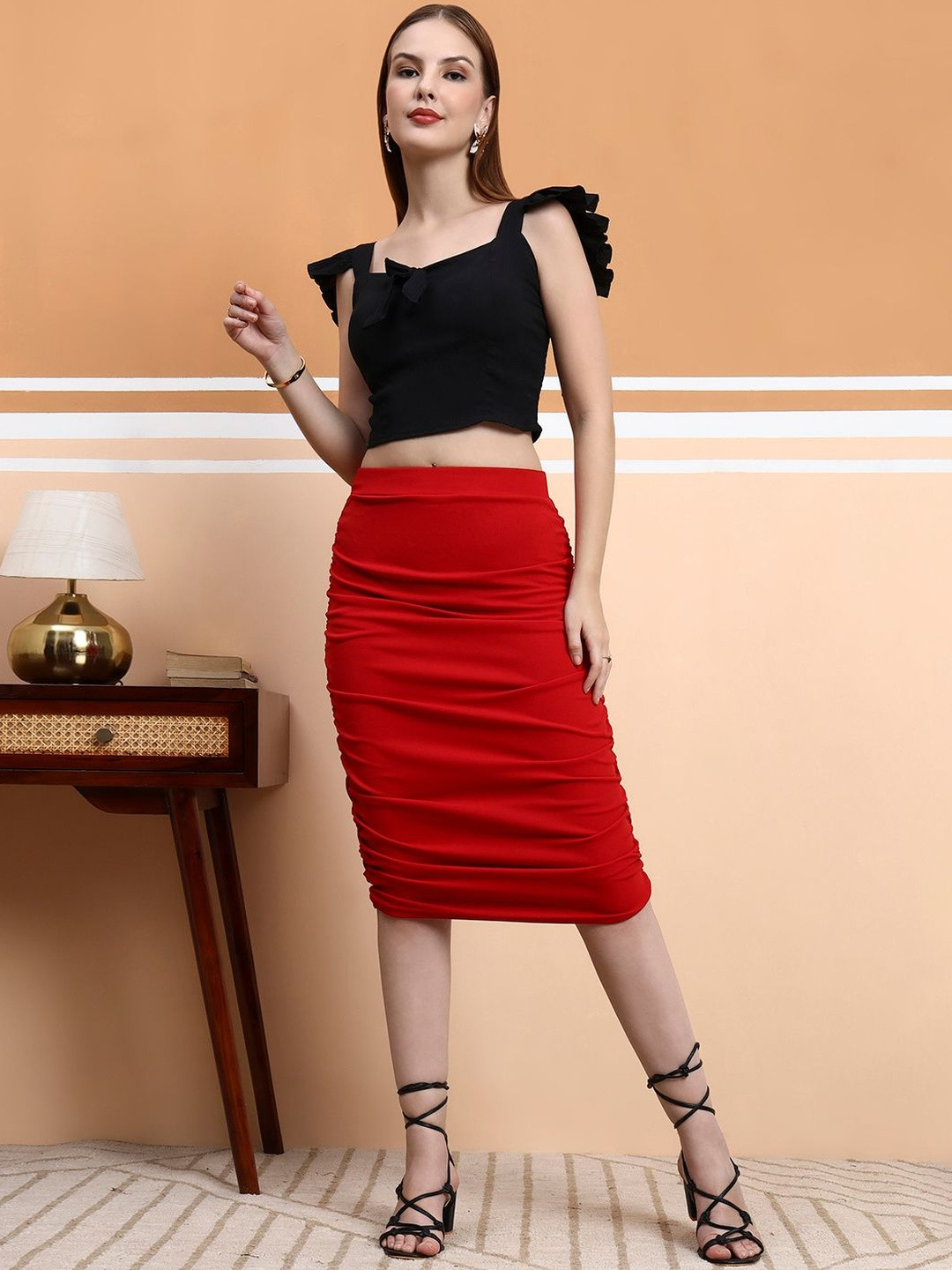 Fraulein Women High-Rise Ruched Bodycon Stretchable Pencil Midi Skirt