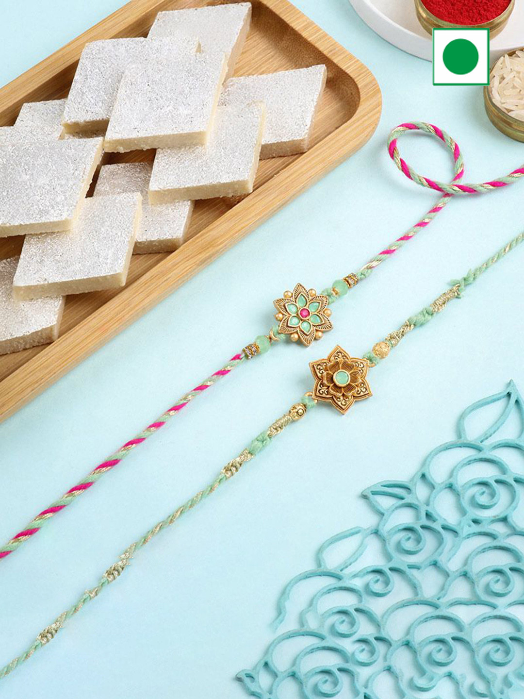 Floweraura Set Of 2 Ornate Floral Rakhi With Kaju Katli