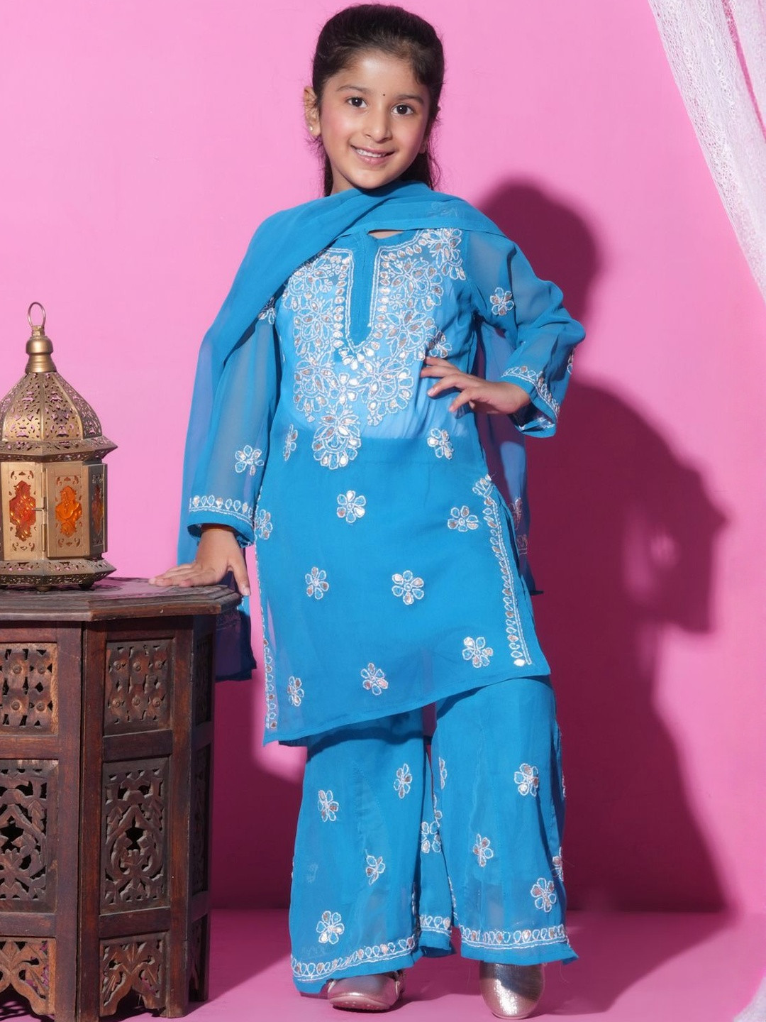 KHAKA Girls Ethnic Motifs Embroidered Thread Work Kurta with Palazzos & Dupatta