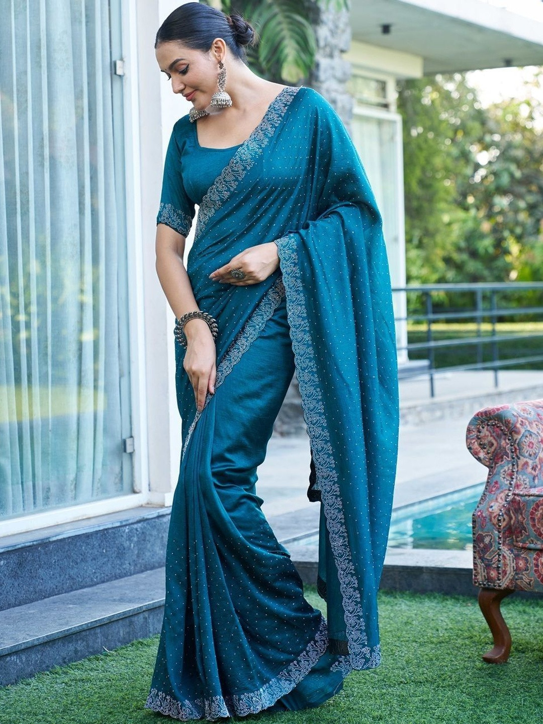 GHAN SALS Embellished Beads & Stones Baluchari Ready to Wear Saree with a Blouse Piece