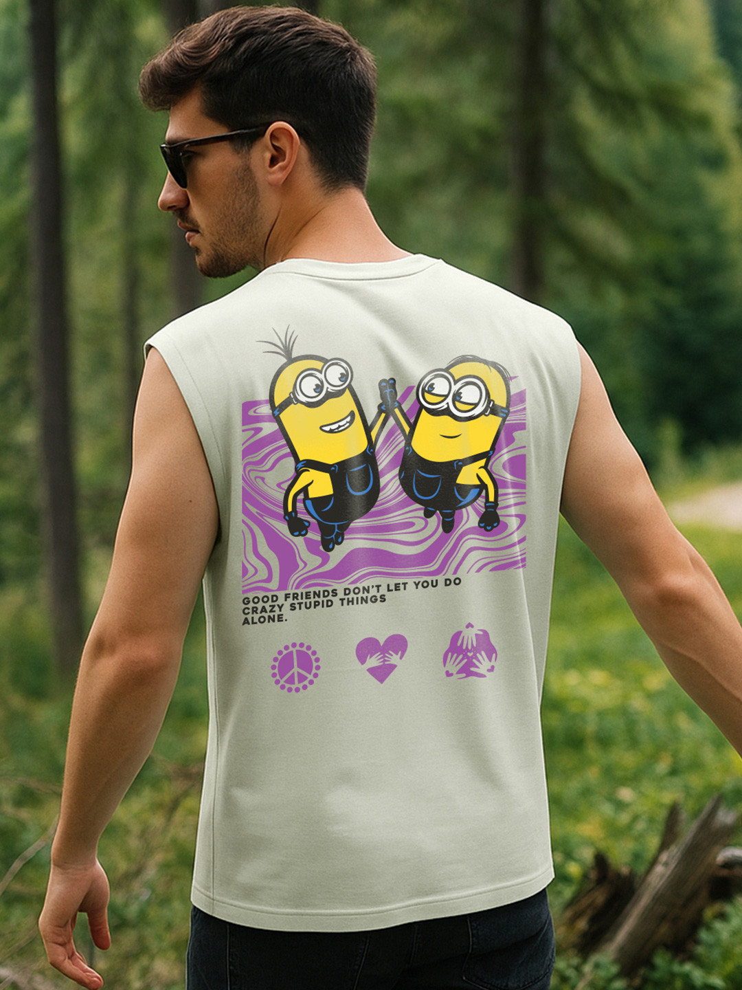 Bewakoof Men Official Minions Merchandise Fog Green Best Buds Graphic Print Boxy Fit Vest