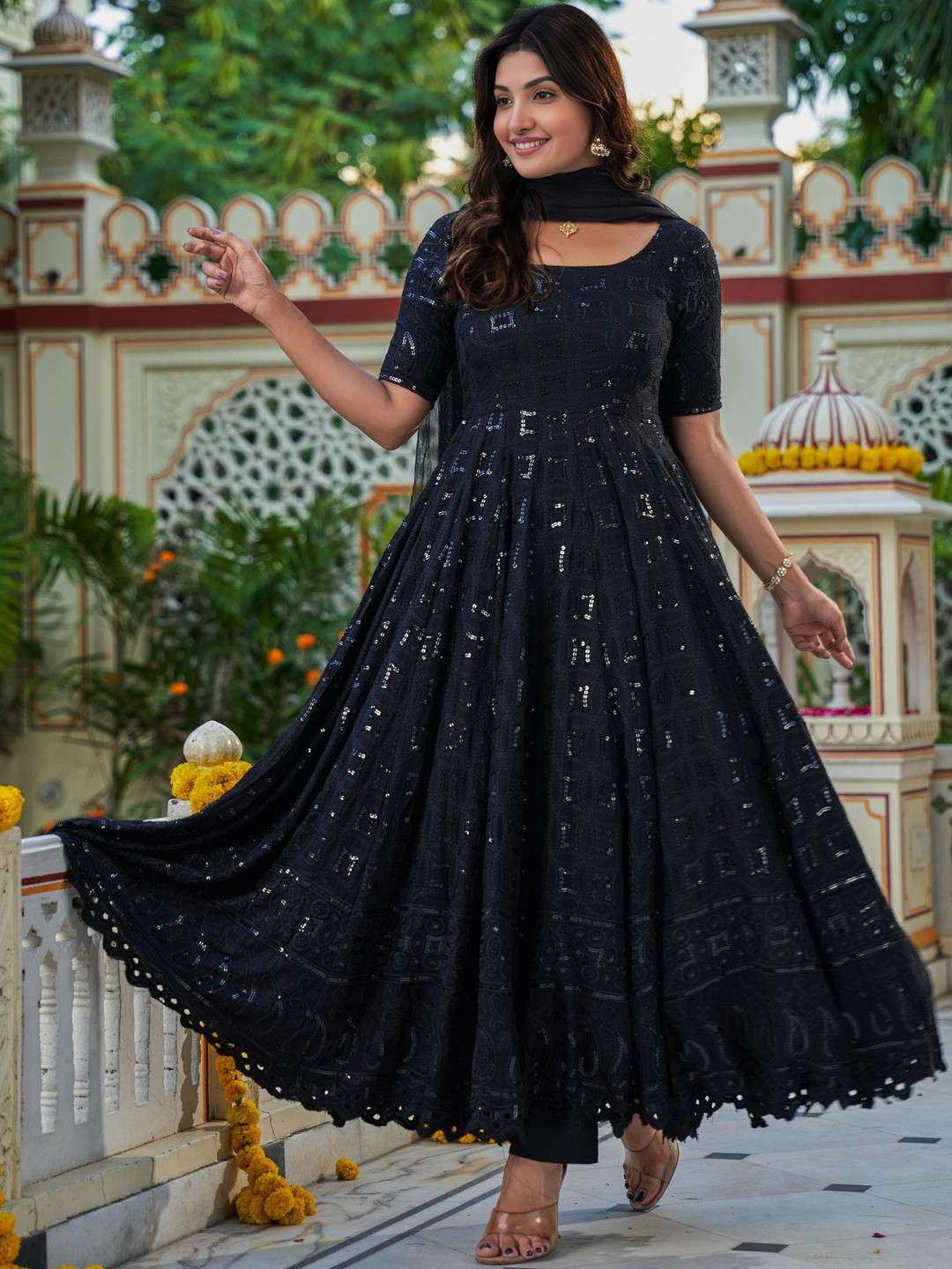 Indian Virasat Women Ethnic Motifs Embroidered Anarkali Sequinned Kurta Set with Dupatta