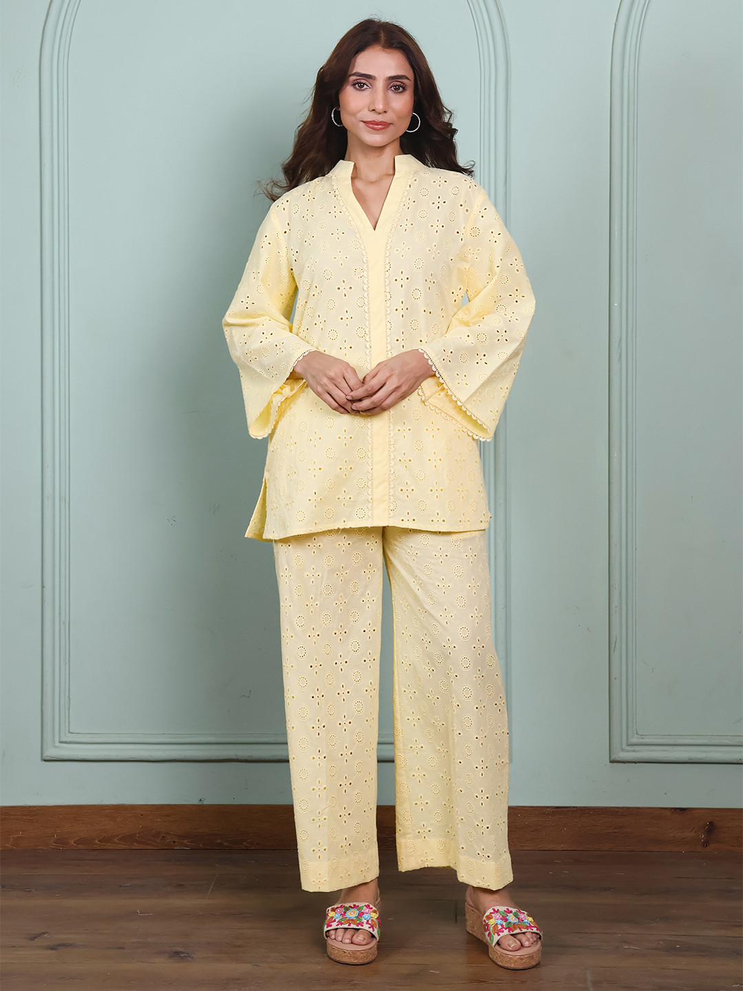 ALLUREARMOIRE Self Designed Pure Cotton Mandarin Collar Tunic & Palazzo