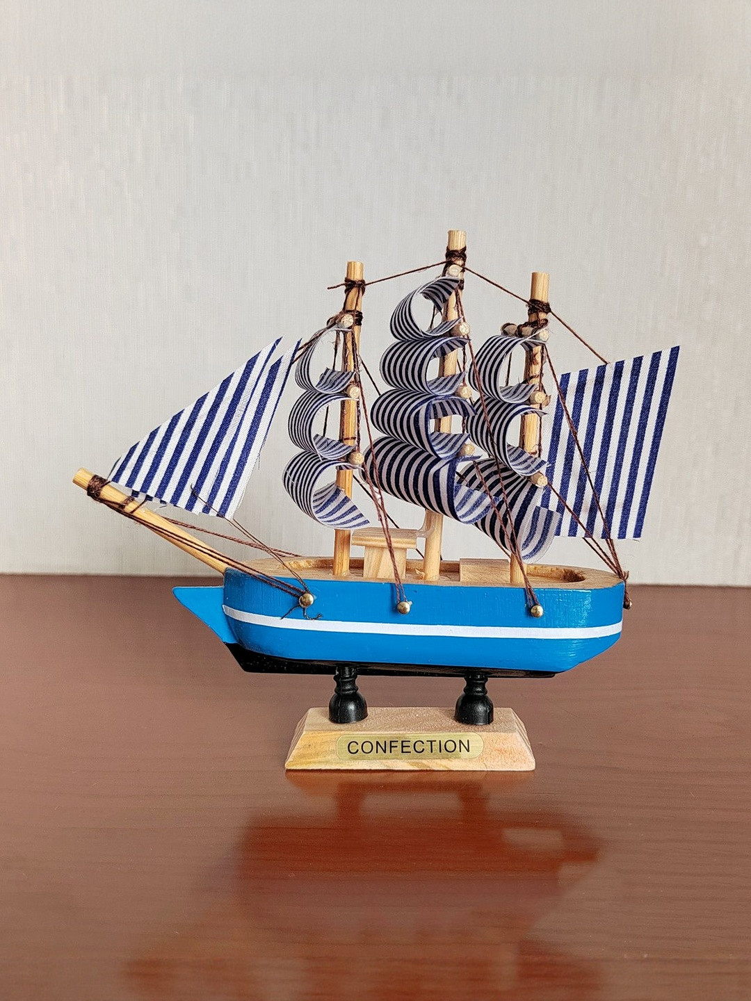 Flenzy Blue & Cream-Coloured Wooden Sailing Sailboat Cake Topper Decoration