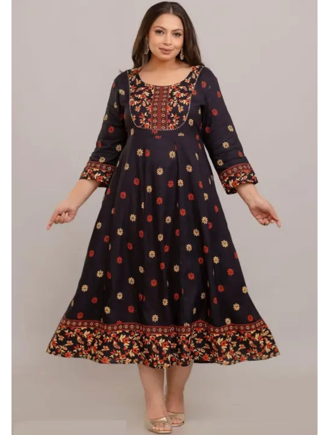 GOBYA Women Printed Round-Neck Fit and Flare Ethnic Dress