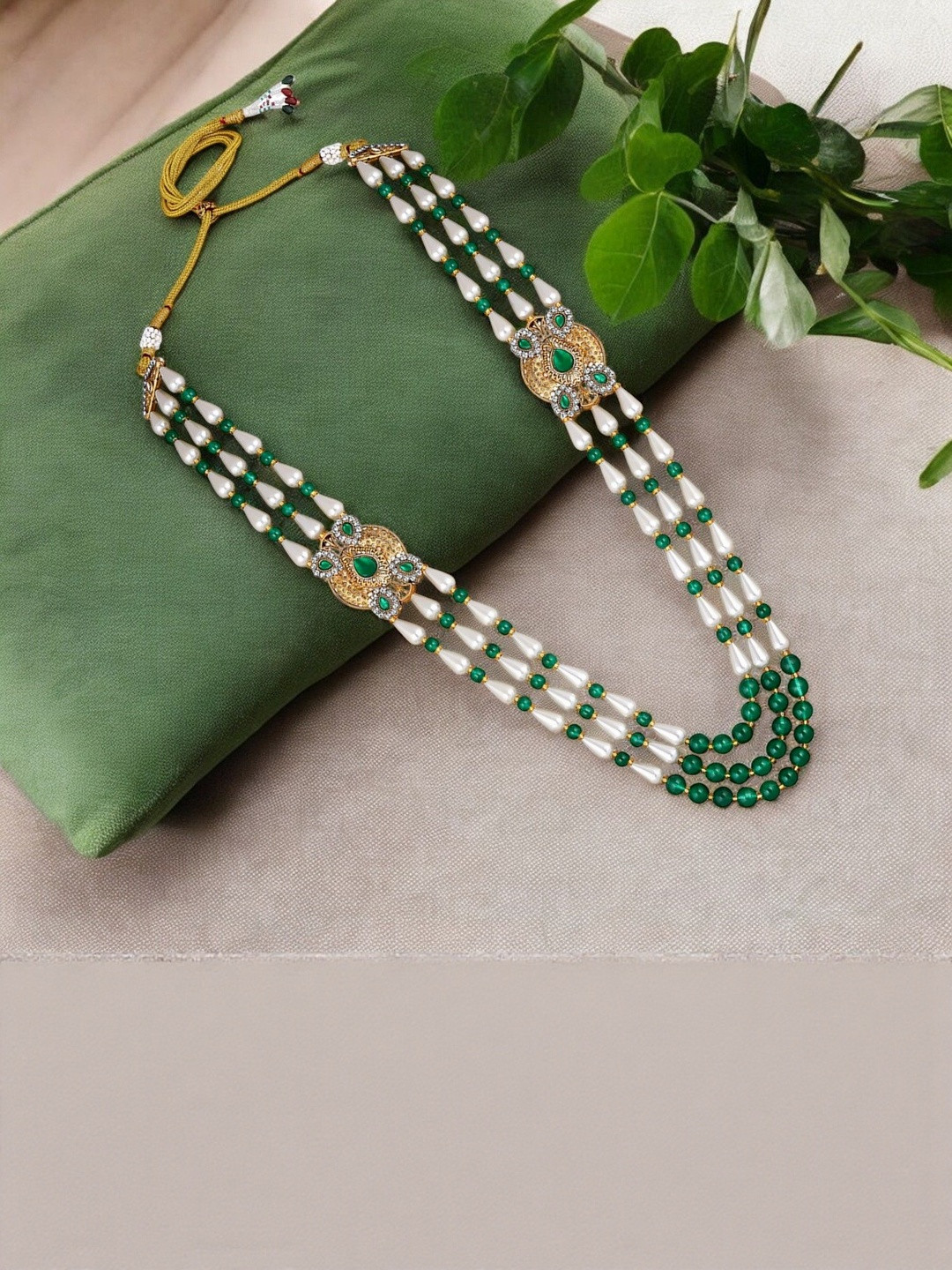 Mahi Gold-Plated Artificial Stones Studded & Beaded Statement Layered Necklace