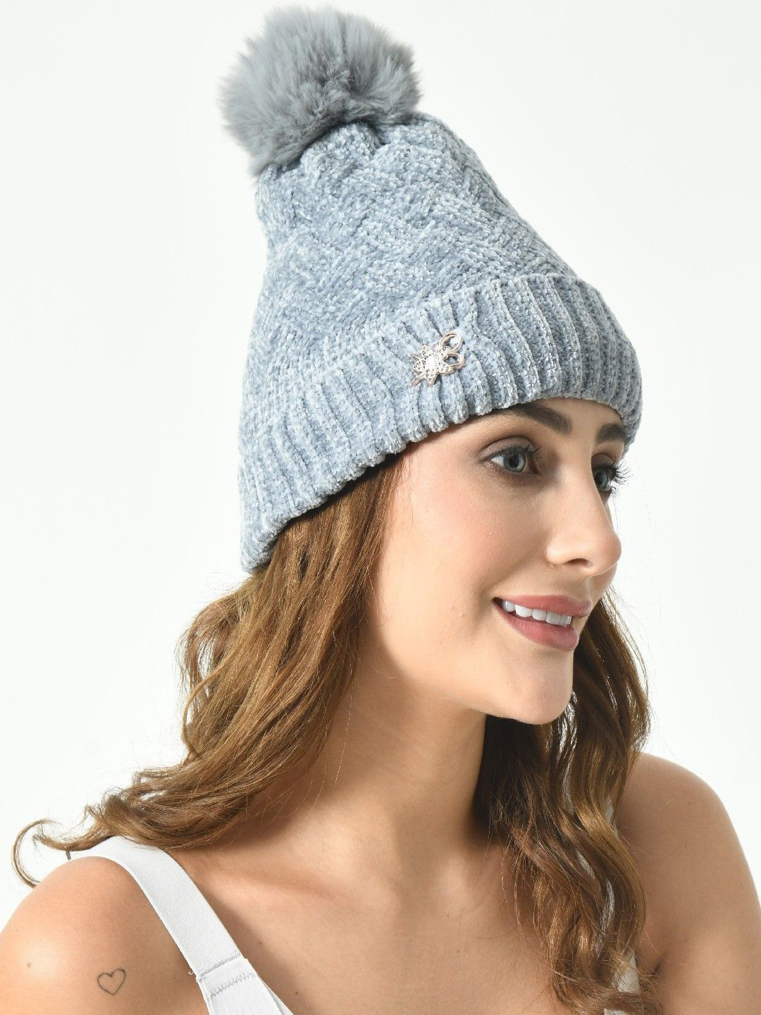 TOMKOT Women Velvet Fur Pompom Woolen Beanie Cap