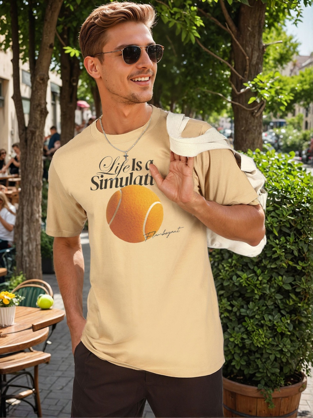 Bene Men Khaki Graphic Printed Round Neck Pure Cotton T-shirt