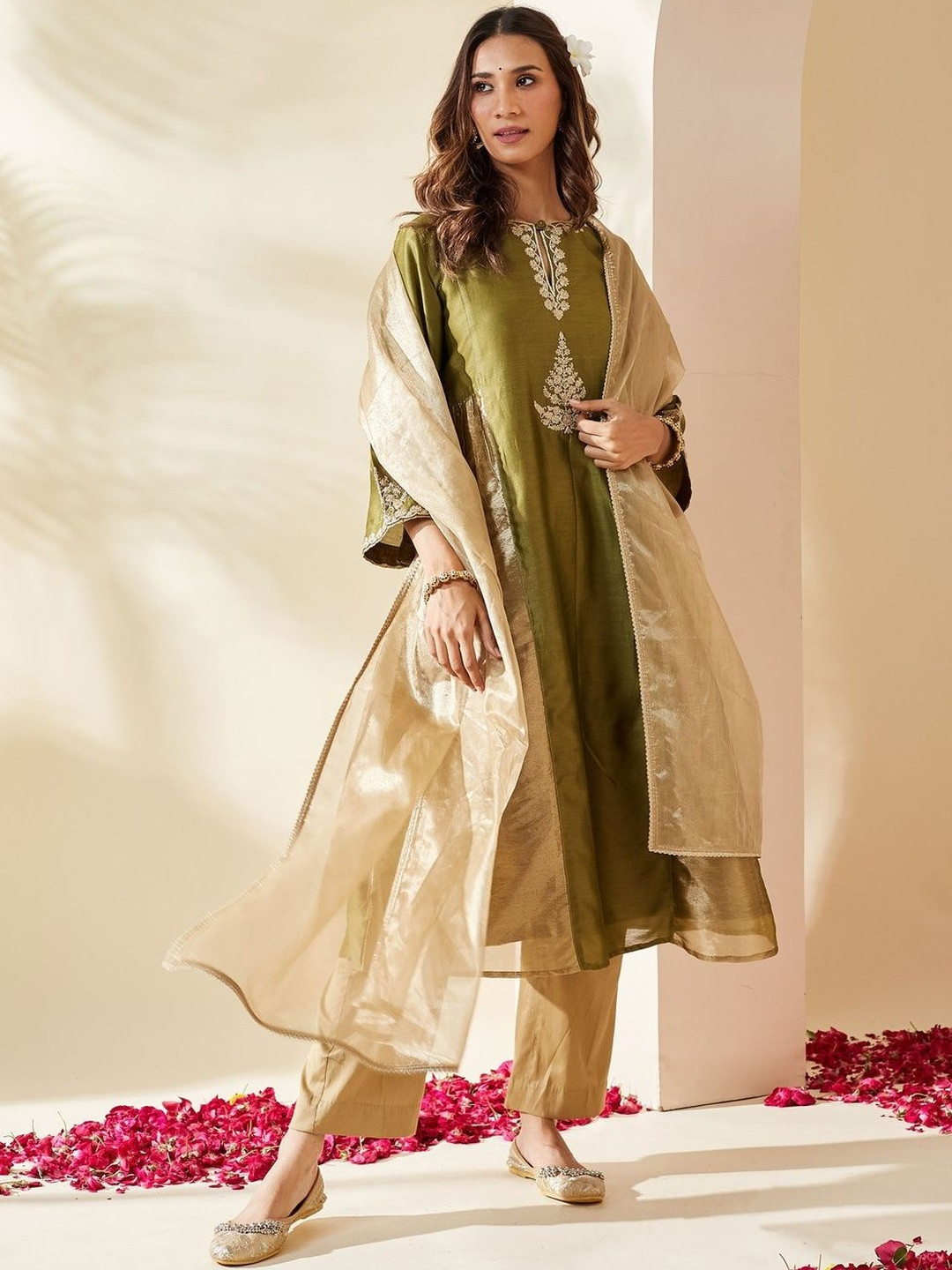 Mushio Olive Green Embroidered Chanderi Mehreen Kurta Set