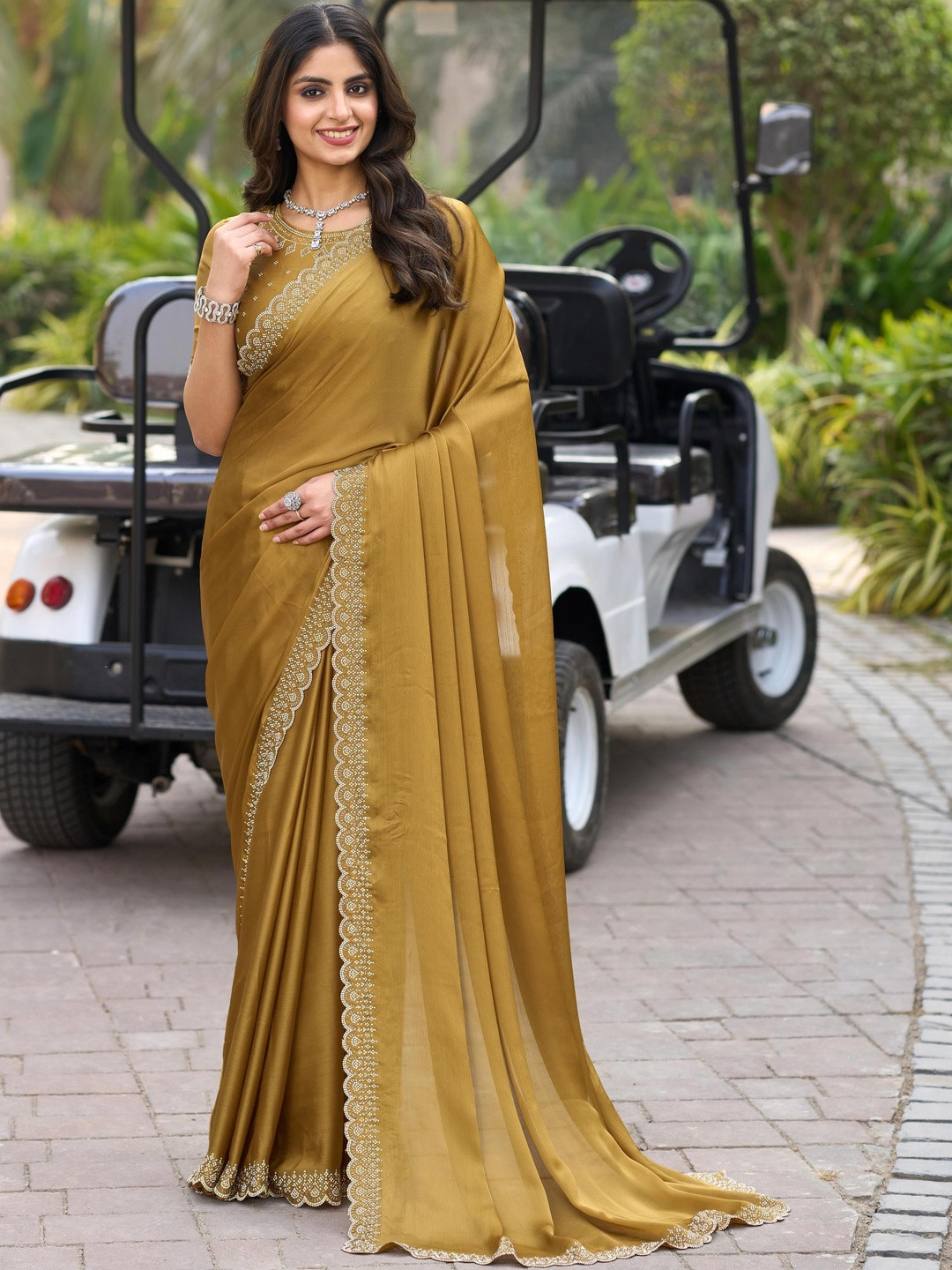 Smart Stree Embellished Beads and Stones Border Pure Chiffon Heavy Work Saree