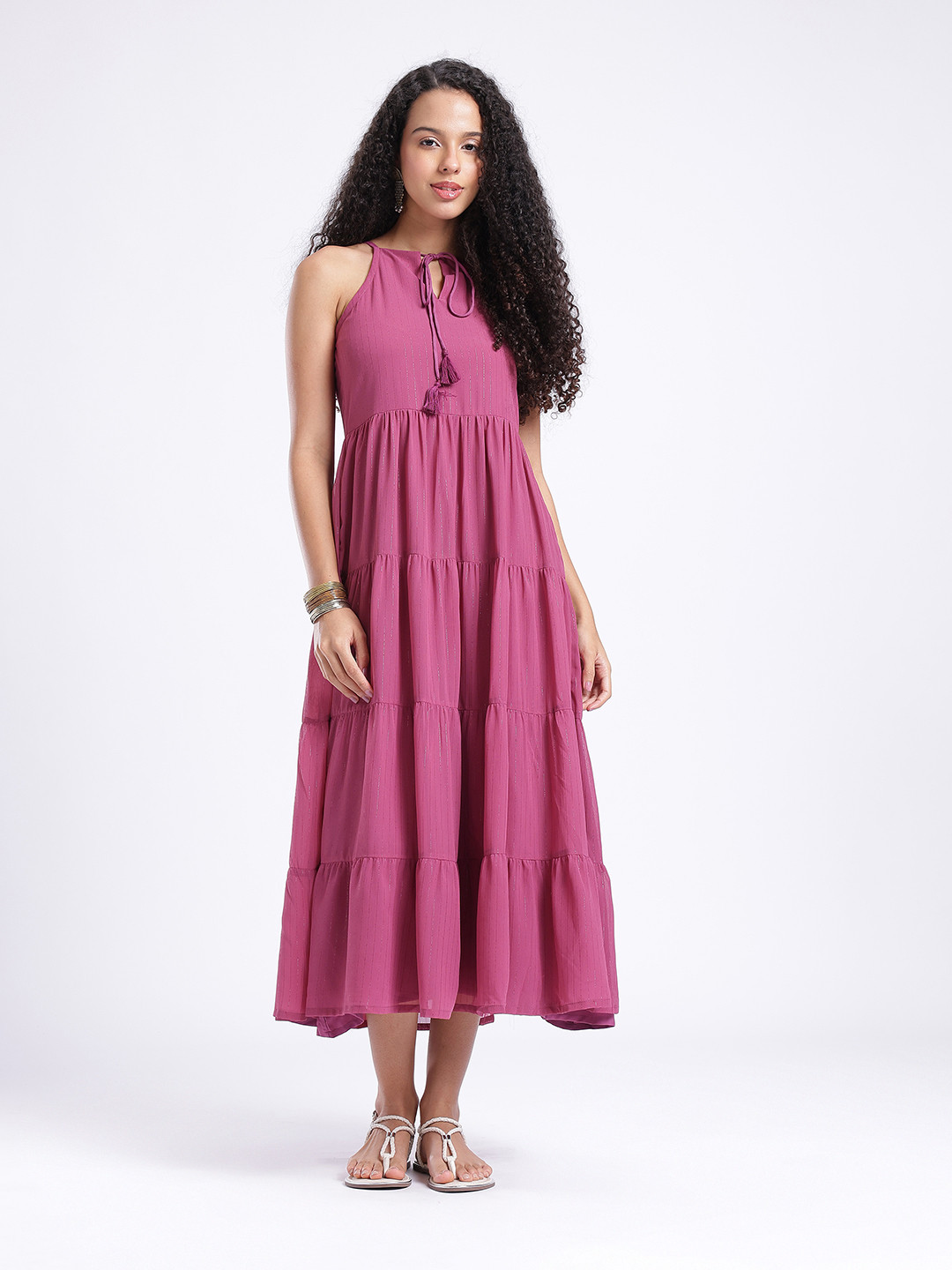 Purple Solid Sleeveless Tiered A-Line Midi Dress